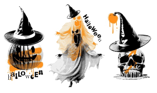 Принты на футболке с портретом черепа в шляпе ведьмы, страшным призраком и тающим черепом в шляпе