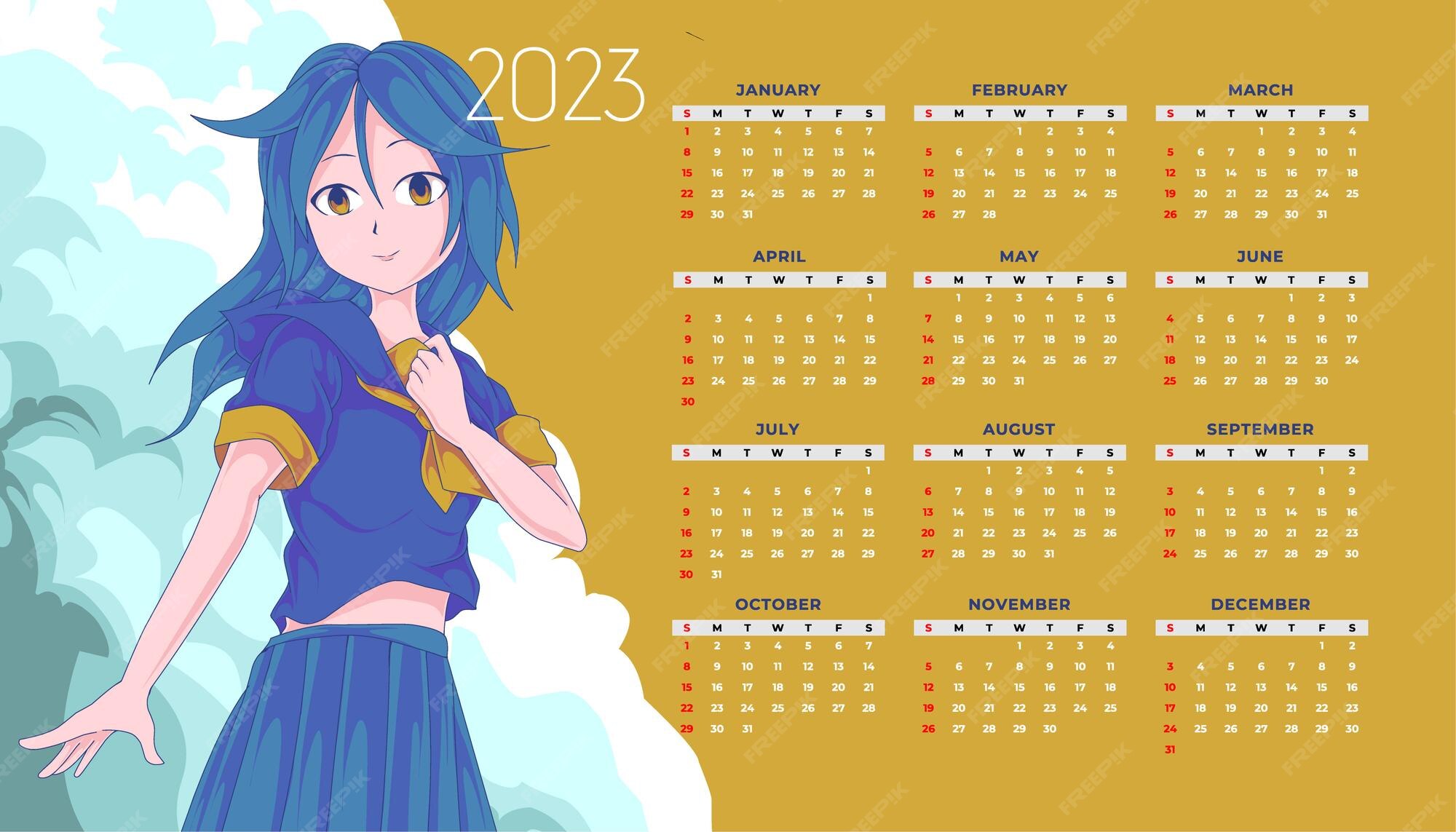 Premium Vector Teen anime calendar 2023