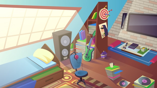 Vector teen boy bedroom interior in day time. room inside