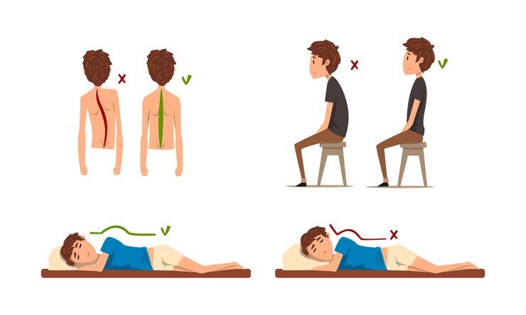 Vector teen boy demonstrating wrong and correct spine posture vector set