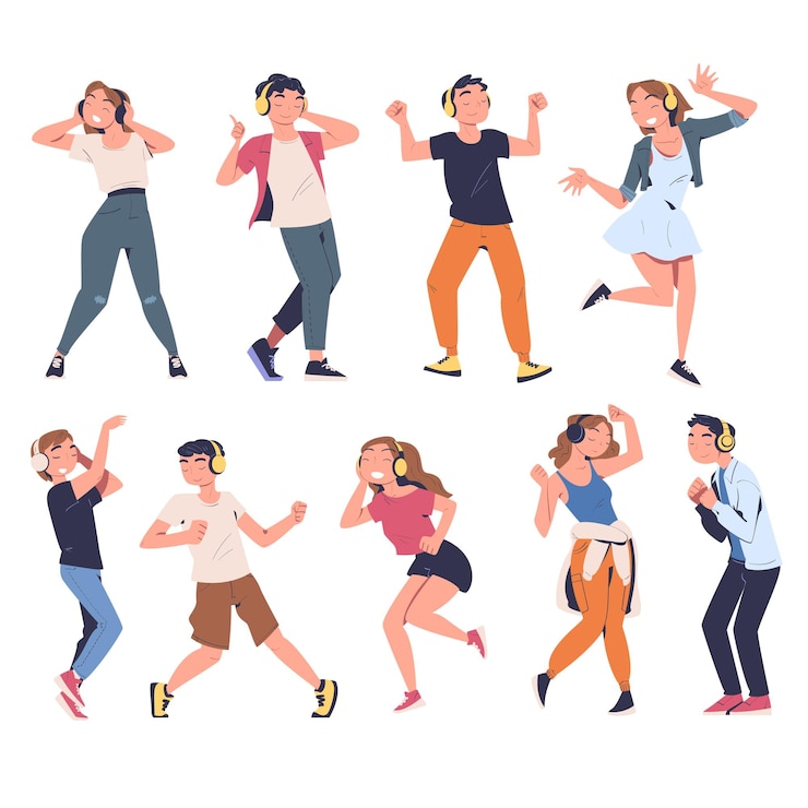 Vector teen boy and girl with headphones listening to music and dancing vector set