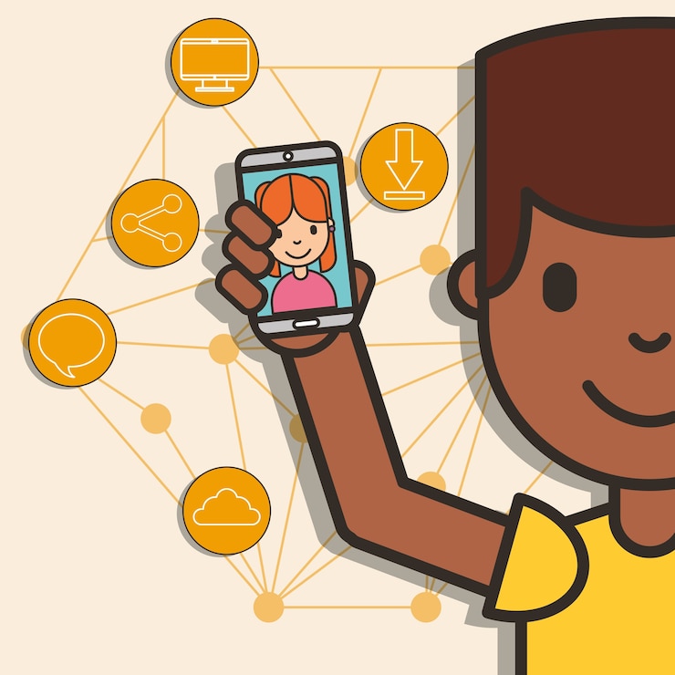 Vector teen boy holding smartphone 