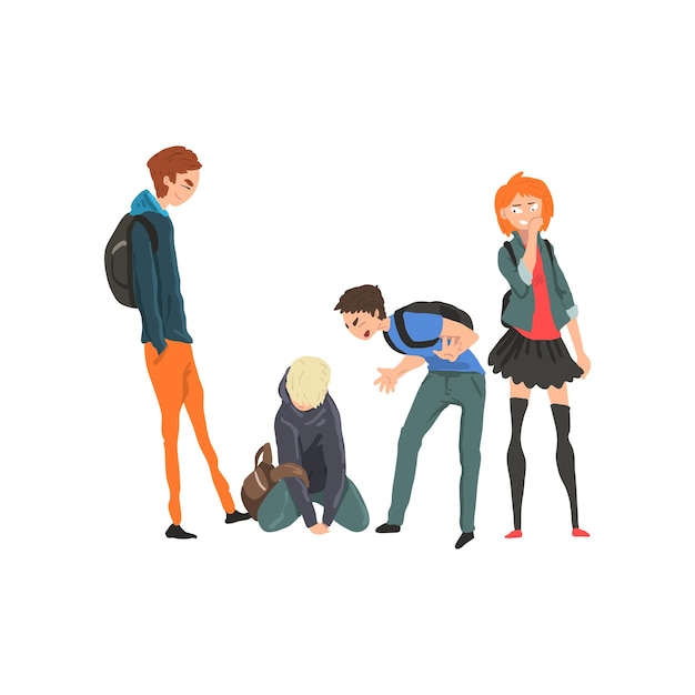 teen boy sitting on floor classmates mocking him conflict between children mockery and bullying at