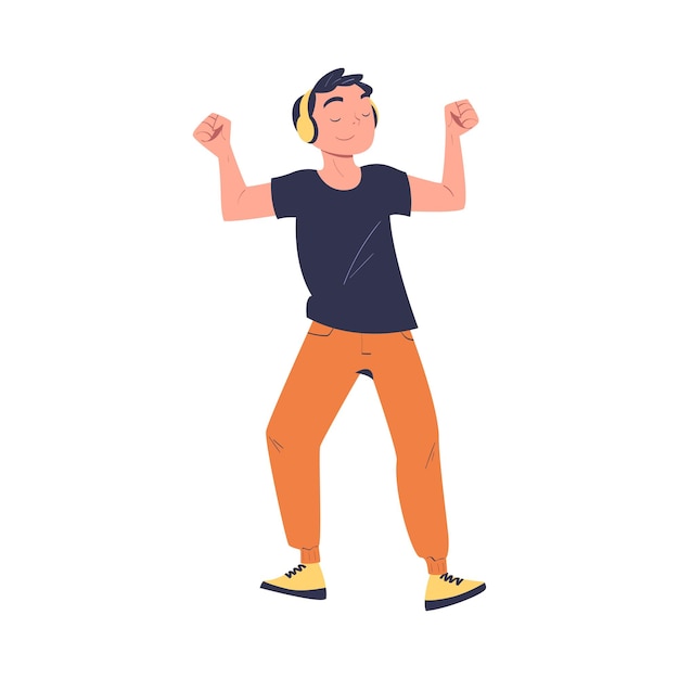 Teen boy with headphones listening to music and dancing vector illustration