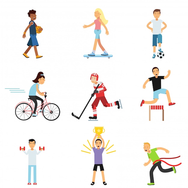 Vector teen boys and girls engaging in different sports activities, active lifestyle, sportive children practicing in class gym and outdoors cartoon   illustrations