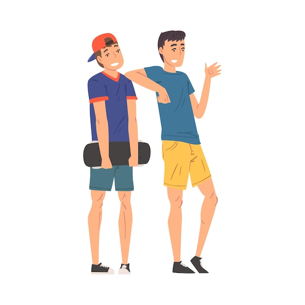 Vector teen boys standing together with skateboard guys talking and gesturing cartoon vector illustration