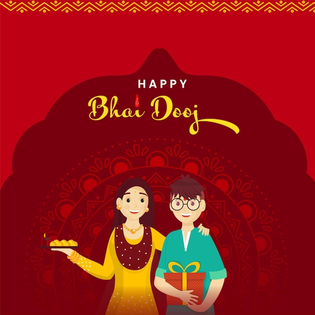 Vector teen brother and sister holding plate of laddu (sweet balls) with gift box on red mandala pattern background for happy bhai dooj.