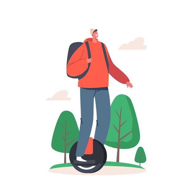 Ciclista teenager che guida il monociclo all'aperto nel giorno di estate. vita sportiva attiva e attività di stile di vita sano, trasporto su ruote di ecologia in città, pilota di personaggio maschile adolescente. fumetto illustrazione vettoriale