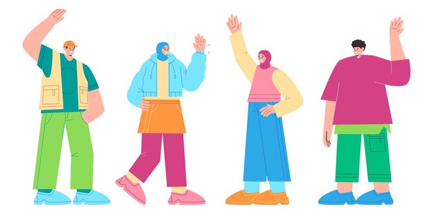 Teen friends standing meet say hi gesture fun fashionable colorful cartoon casual hijab veil