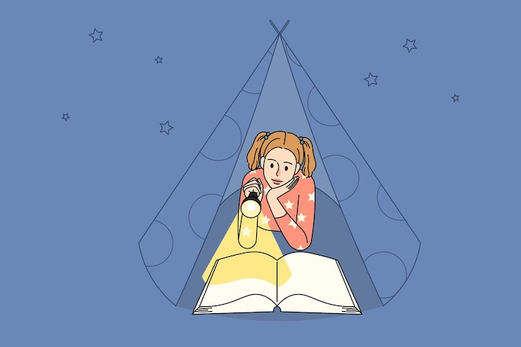 Vector teen girl child reading with flashlight
