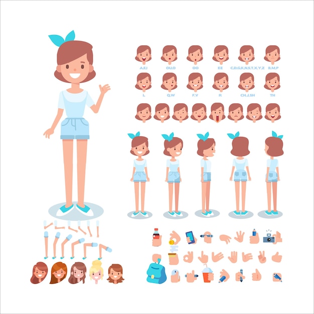 Vector teen girl creation set with various hairstyles emotion and gestures front side back view