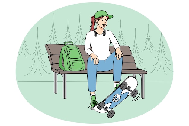 Девушка-подросток со скейтбордом сидит на скамейке