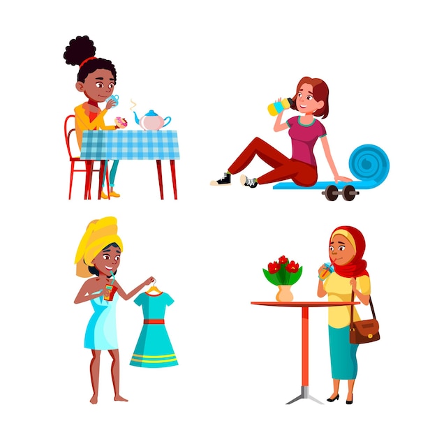 Vector teen girls drinking freshness drinks set vector. teen girls drinking fresh water after training and delicious hot tea breakfast, juice and cocktail in cafe. characters flat cartoon illustrations