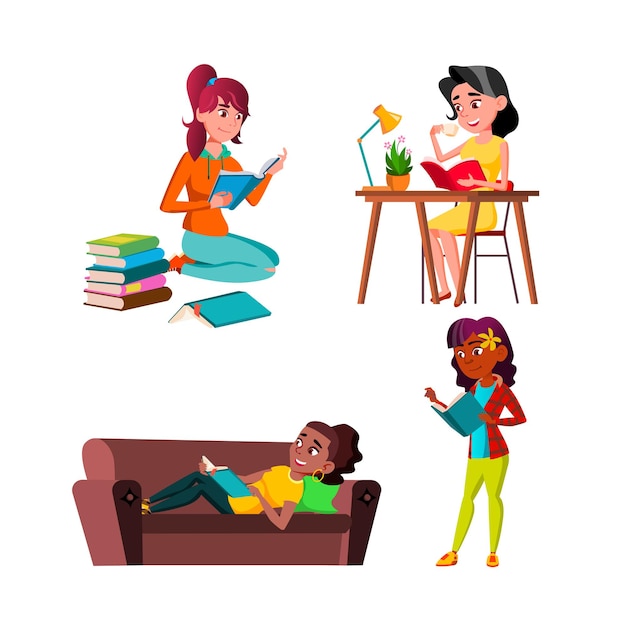 Teen girls reading educational book set vector