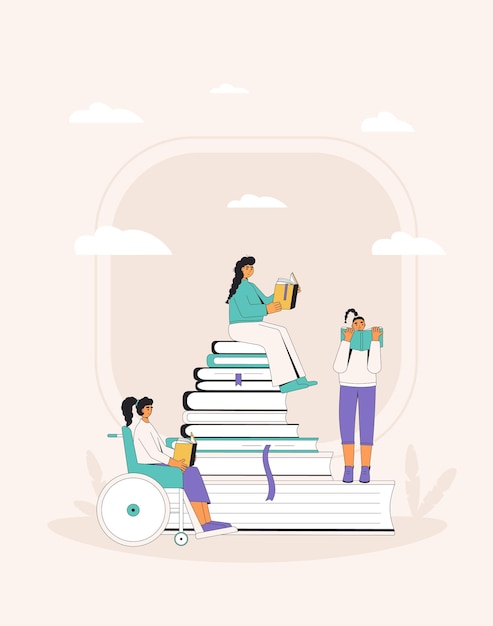 Tiny students sitting near stack of books and learning. Man with disability  in wheelchair flat vector illustration. Inclusion education, school concept  for banner, website design or landing web page | Free Vector