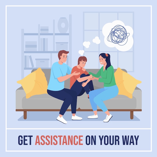 Teen mental health social media post mockup. Get assistance on your way phrase. Web banner design template. Booster, content layout with inscription. Poster, print ads and flat illustration