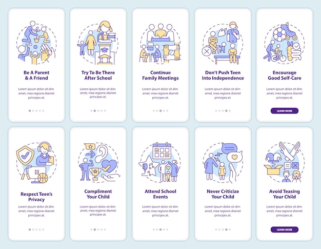 Teen parenting and self esteem onboarding mobile app screens set