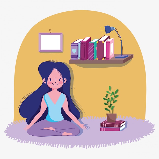 Teen posing yoga in room activity sport exercise at home