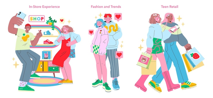 Vector teen retail experience set youthful shopping spree teens exploring instore and fashion trends