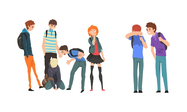 teen student bullying and mocking at weak agemate at school vector set