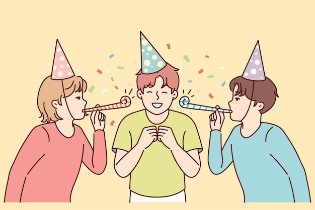 Teenage boy celebrating birthday with friends from school standing among confetti Vector image