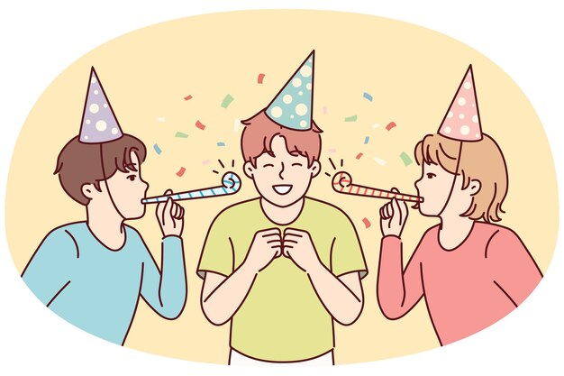 Teenage boy celebrating birthday with friends from school standing among confetti vector image