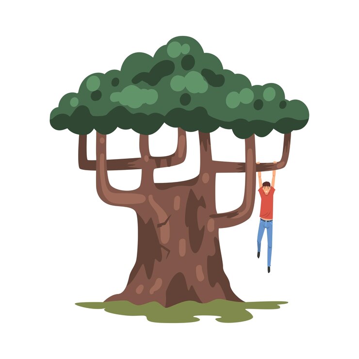 Vector teenage boy hanginig on tree branch childhood activity vector illustration