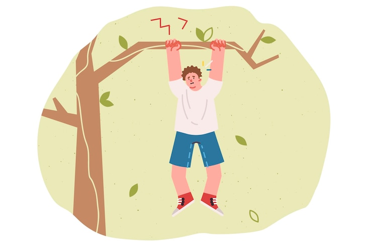 Vector teenage boy is at risk of falling from tree and getting injured hanging on branch in need of help