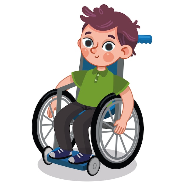 Teenage boy is smiling and looking at camera in his wheelchair.