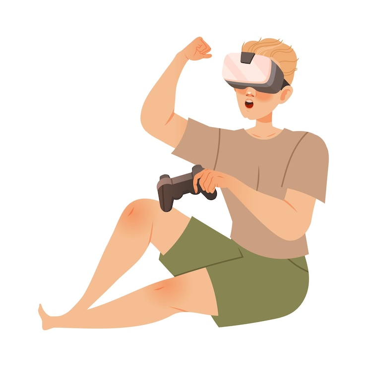 Vector teenage boy sitting on floor and gaming with virtual reality glasses and game controller cartoon vector illustration