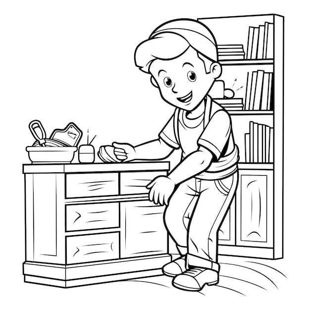 Teenage boy washing dishes in the kitchen black and white vector illustration