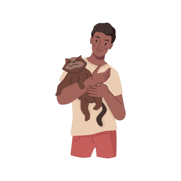 Vector teenage boy with kitten man with cat on hands