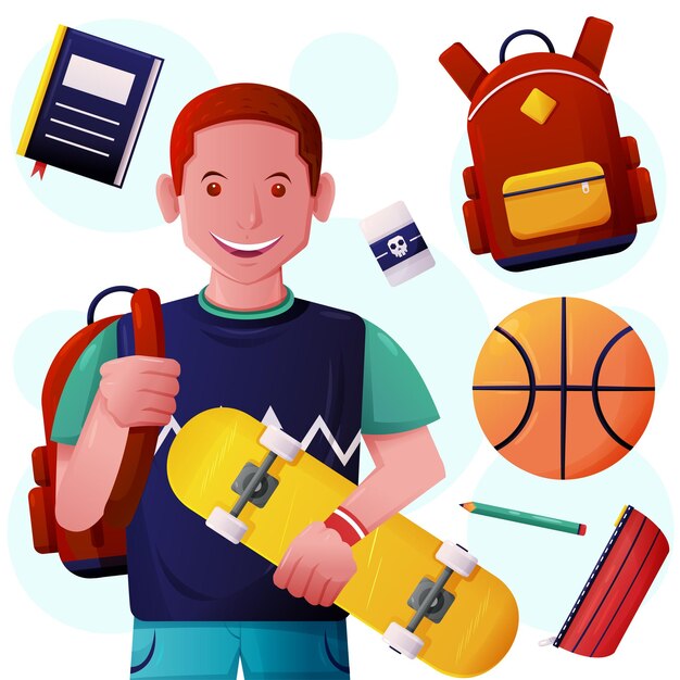 Teenage boy with skateboard and basketball in cartoon character