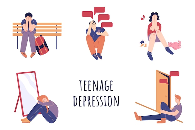 Concetto di depressione adolescenziale set di adolescenti in situazioni stressanti