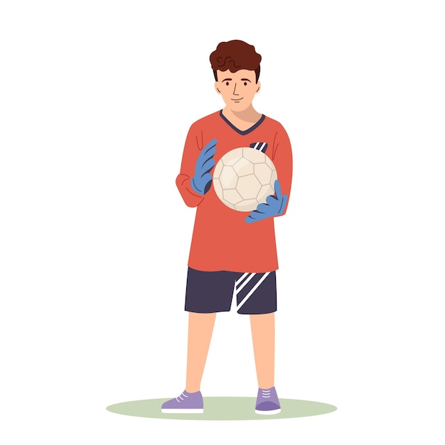 Teenage football player goalkeeper in a red sports shirt caught a soccer ball kid athlete plays