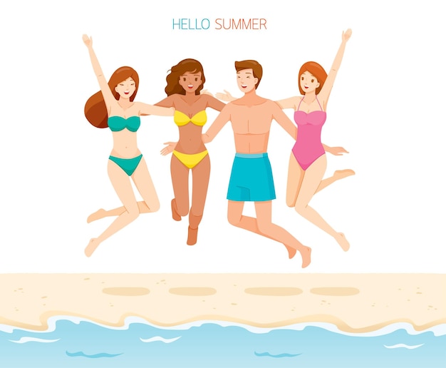 Друзья-подростки в купальниках, вместе обнимаются за шеи и счастливо прыгают на пляже