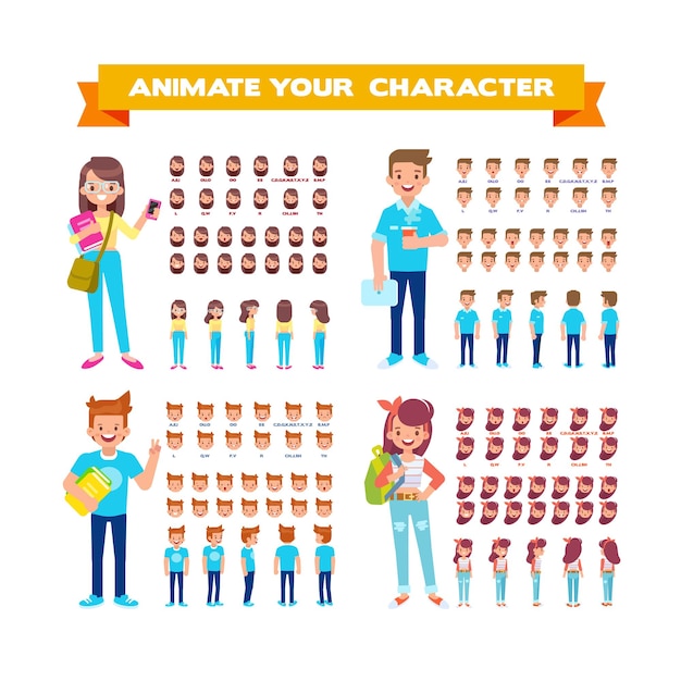 Vector teenage girl and boy creation set for animation front side back 34 view animated character