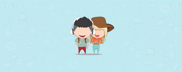 Teenage girl and boy wearing hat playing with phone happy template design thinking idea with social network icons background drawing by hand vector