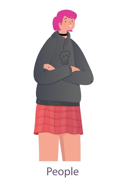 Teenage girl concept happy female character with pink hair in black hoodie young woman in skirt