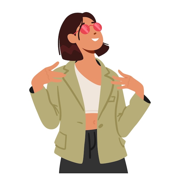 teenage girl confidently points towards herself expressing selfassuredness or pride in a subtle nonverbal manner female character using her hands to draw attention cartoon vector illustration