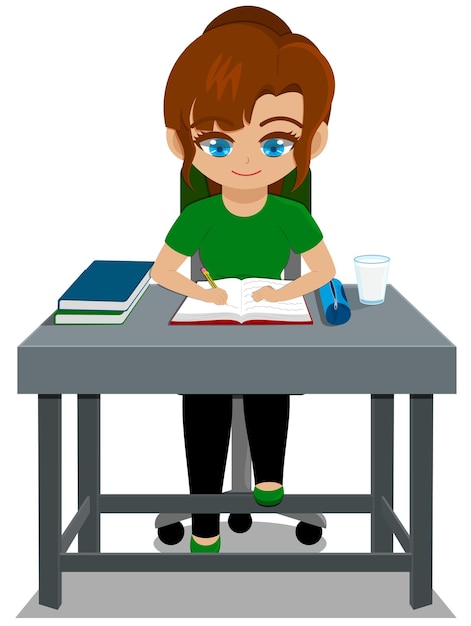 Vector teenage girl doing homework on study desk flat vector illustration