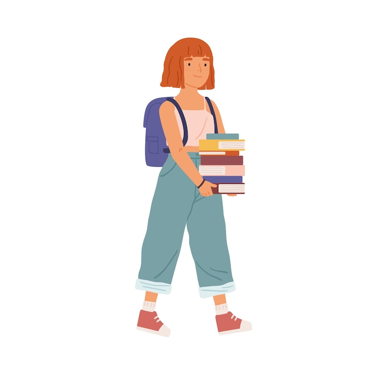 Vector teenage girl going to school. pupil with backpack holding pile of books. student walking and carry studentbooks. scene of first day or schooling. flat vector cartoon illustration isolated on white.