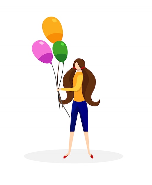 Vector teenage girl holding bunch of colorful balloons.