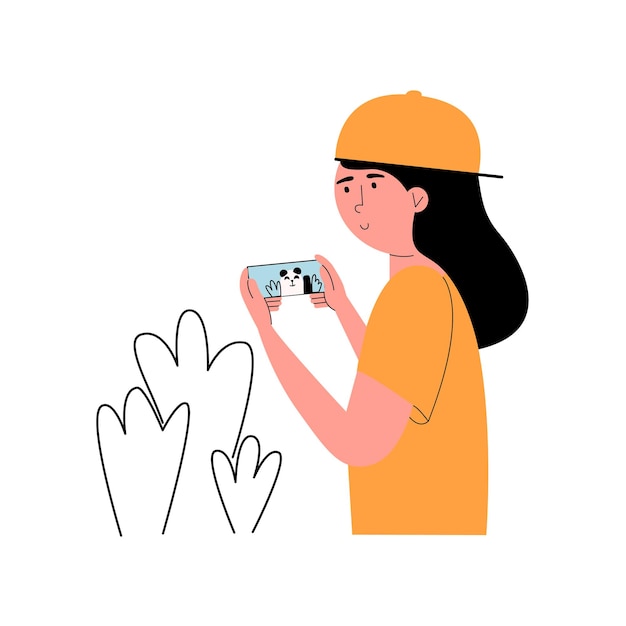 a teenage girl plays on the phone using augmented reality vector flat illustration ar technology