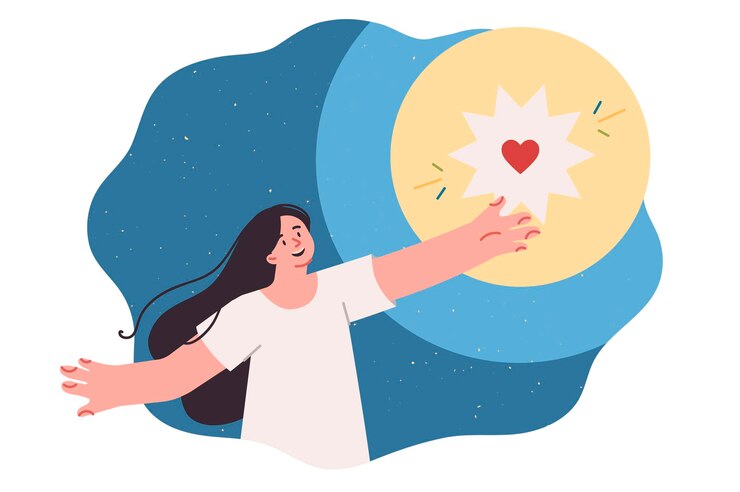 Vector 십대 소녀는 사랑과 친절을 공유하고 세상을 더 나은 곳으로 만들고 싶어 하늘로 마음을 풀어줍니다.