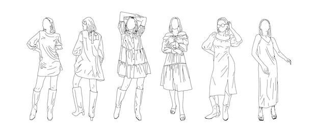 Teenage girls in dresses of different styles are drawn in a linear style. Vector illustration.