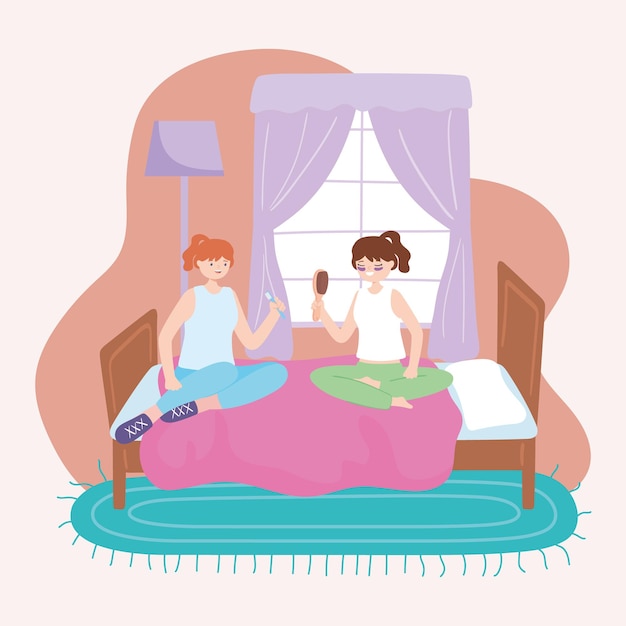 Vector teenage girls relaxing in bedroom