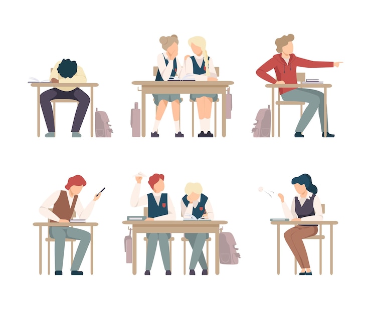 Vector teenage students sitting at desk in classroom girls and guys in uniform chatting boring and dozing during lesson flat vector illustration