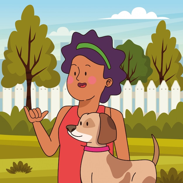 Vector teenager afroamerican woman walking the dog