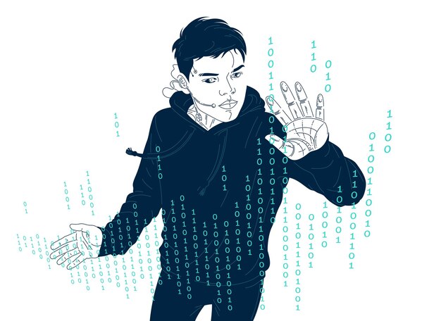 ティーンエイジャー・ボーイ プログラマー デジタルコード編集 ベクトルイラスト プログラミング コーダー 若い男 ソフトウェア開発 仮想現実